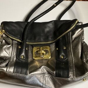 B. makowsky Black and Metallic Silver Shoulder Bag with Gold Hardware